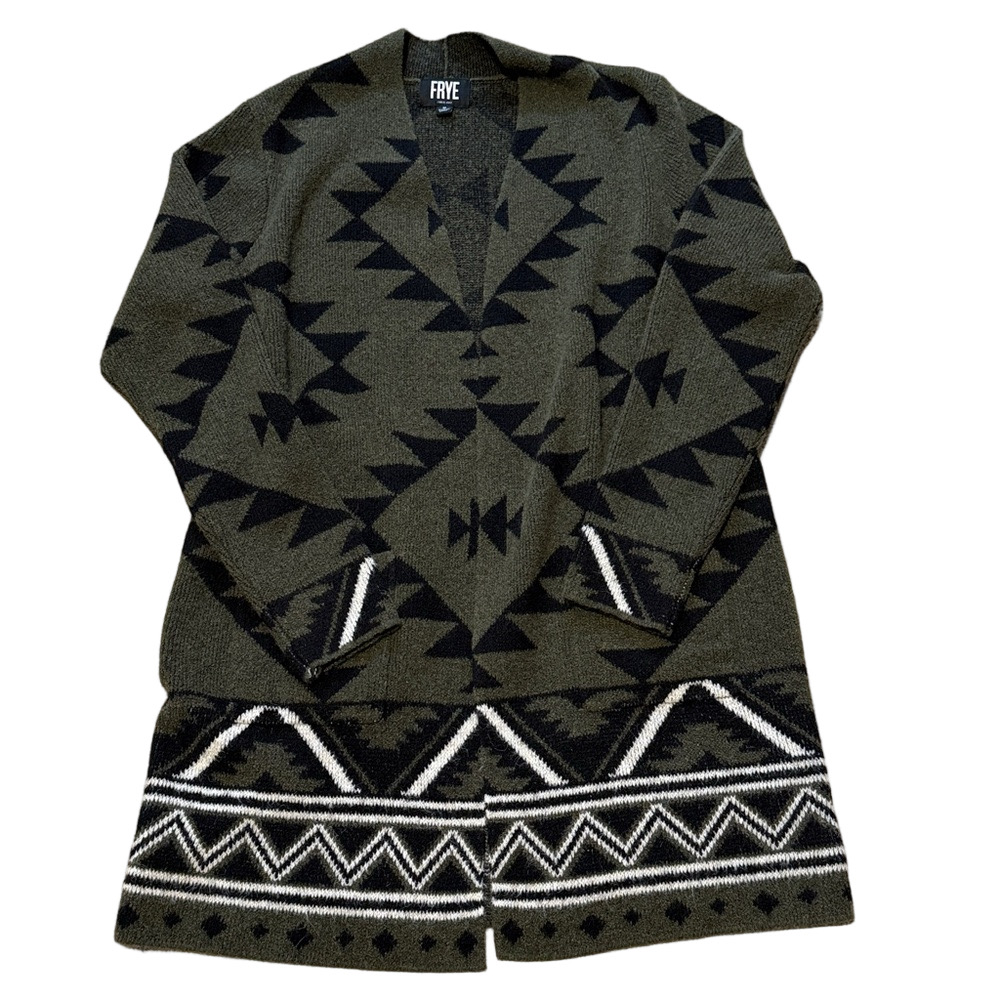 FRYE Aztec olive green Long Cardigan Sweater M